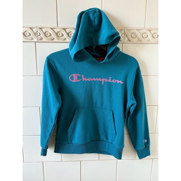 Champion Turquoise Hoodie with Pink Glitter Logo Girl's size M 10/12 - Picture 1 of 4